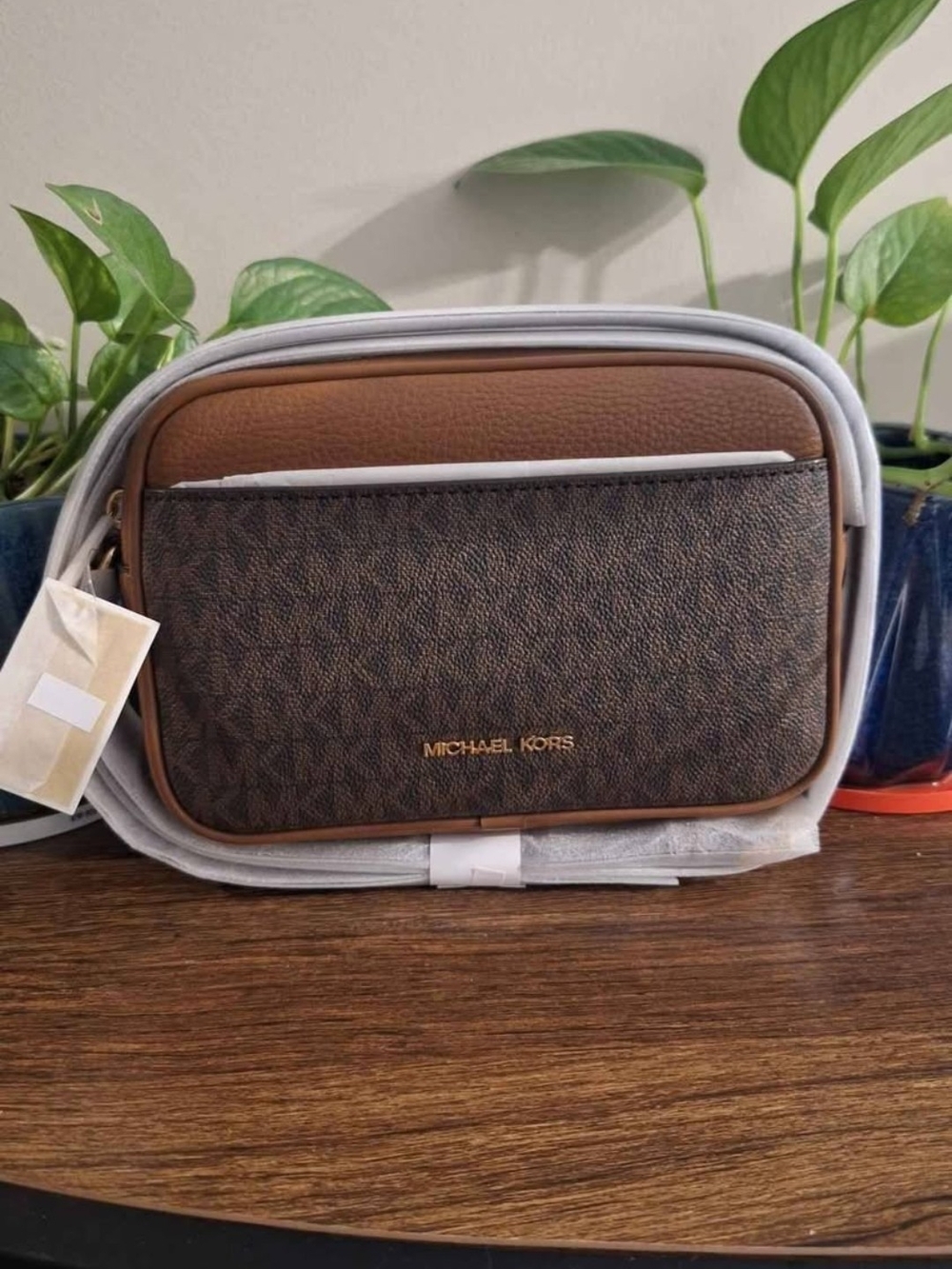Michael Kors Brown MK Monogram Belt Bag with Tan Trim